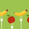 Fruits apple banana on fork. healthy and organic food nutrition lifestyle icon set. Diet frame border Colorful and flat design. Royalty Free Stock Photo