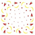 Fruits background with yellow bananas, watermelon and juicy strawberries