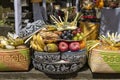 Fruits for balinese hindu offering ceremony on central street in Ubud, Island Bali, Indonesia . Closeup Royalty Free Stock Photo