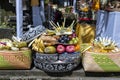 Fruits for balinese hindu offering ceremony on central street in Ubud, Island Bali, Indonesia . Closeup Royalty Free Stock Photo