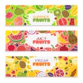 Fruits banners. Colorful fruit design summer healthy fresh organic vegan food collection harvest cartoon, vector