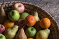 Fruits in a basket, apple, pear, orange, mandarin Royalty Free Stock Photo