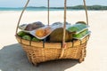 Fruits in a basket: durian , mango. local beach vendor sells food to tourists