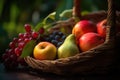 Fruits in a basket, Grapes, apples, Pear with natural blurred background Royalty Free Stock Photo