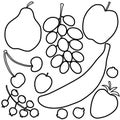 Fruits and berries black outline silhouettes. Strawberry, banana, apple, pear, cherry, black currant, apricot, blueberry Royalty Free Stock Photo
