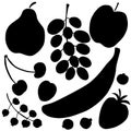 Fruits and berries black silhouettes. Strawberry, banana, apple, pear, cherry, black currant, apricot, blueberry