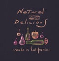 Fruits, Berries and Bottles, Made in California. Organic, Natural, Delicious Produce, Pink and Orange