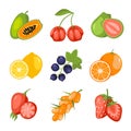 Fruits and berries cartoon icon set. Papaya, acerola cherry, guava, lemon, blackcurrant, orange, rosehip, sea buckthorn,