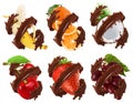 Fruits and berries in chocolate splash. Banana, orange, coconut, cherry, strawberry, grapes 3d vector