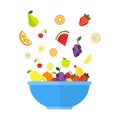 Fruits and berries are falling in big blue bowl. Fresh fruit salad isolated on white background. Fruit mix for healthy