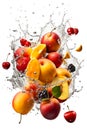 fruits and berries falling in water splash, isolated on white background. copy space. generative AI Royalty Free Stock Photo