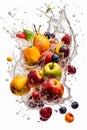 fruits and berries falling in water splash, isolated on white background. copy space. generative AI Royalty Free Stock Photo