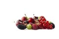 Fruits, berries isolated on white background. Fruits and berries with copy space for text. Currant, strawberry, cherry, mulberry, Royalty Free Stock Photo