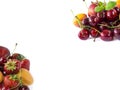 Fruits and berries isolated on white background. Ripe cherries, strawberries and apricots. Sweet and juicy fruits at border of im Royalty Free Stock Photo