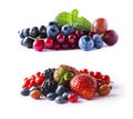 Fruits and berries isolated on white background. Ripe currants, blackberries, blueberries, strawberries, gooseberries with a leaf Royalty Free Stock Photo