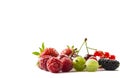 Fruits and berries isolated on white background. Ripe currants, raspberries, cherries, strawberries, gooseberries, mulberries. Bac Royalty Free Stock Photo