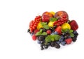 Fruits and berries isolated on white background. Ripe currants, strawberries, blackberries, bluberries, peaches and yellow plums.