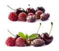 Fruits and berries isolated on white background. Ripe raspberries, cherries, gooseberries, and mulberries. Background of mix fruit Royalty Free Stock Photo