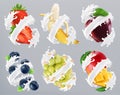 Fruits and berries in milk splash, yogurt. Strawberry, banana, apple, blueberry, grapes, mango. 3d vector Royalty Free Stock Photo