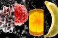 Fruits and berries (photo collage) into the glass with sparkling