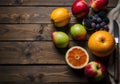 Fruits and berries on a rustic wooden table. Website banner with copy space. Organic food background.