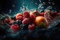 Fruits and berries in sparkling water. AI generated Royalty Free Stock Photo