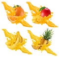 Fruits And Berries In Splash Of Juice. Banana, Orange, Mango, Pineapple. 3d Vector Set