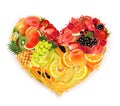 Fruits and berries in a splash of juice collected in the shape of a heart. Strawberry, raspberry, blueberry, blackberry, orange,