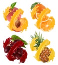 Fruits and berries in splash of juice. Orange, pineapple, grapes, peach. 3d realistic vector Royalty Free Stock Photo
