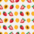 Fruits and berries.Strawberries and apricots seamless pattern. Pixel. Embroidery. Square. Vector