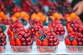 Fruits and berries on the street market. Royalty Free Stock Photo