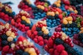 Fruits, berries and vegetables on the counter at the street market. Royalty Free Stock Photo