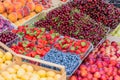 Fruits, berries and vegetables on the counter at the street market Royalty Free Stock Photo