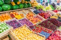 Fruits, berries and vegetables on the counter at the street market Royalty Free Stock Photo