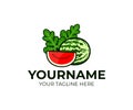 Fruits and berries, watermelon and a slice or piece of watermelon with leaves, logo design. Organic food, vegetarian, healthy eat,