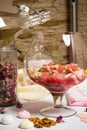 Fruits in big family glass, prepfration of summer sangria Royalty Free Stock Photo