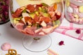 Fruits in big family glass, prepfration of summer sangria Royalty Free Stock Photo