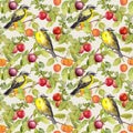 Fruits, birds - garden with plum, cherry, apples. Seamless pattern. Watercolor