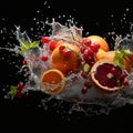 Fruits on black background with water splash