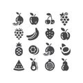 Fruits black vector icon set. Apple, lemon, banana, fruit symbols.