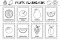 Fruits black and white flashcards collection. Healthy food flash cards set for coloring