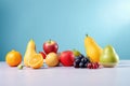 Fruits on a blue background with copy space. Generative AI Royalty Free Stock Photo