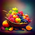 Fruits in a bowl on a dark background. Ripe apricots, grapes, black currantscots, peaches, grapes. Generative AI