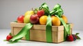 Fruits box tied with a green ribbon, isolated on a white background. Royalty Free Stock Photo