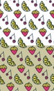 Fruits bright seamless pattern. Icons style lemon, strawberry, cherry, gray thick line contour, multicolored fills