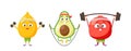 Fruits Characters Lemon, Avocado and Garnet Sport Exercises. Funny Sportsmen Personages for Kids Menu, Vitamin Food