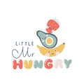 Fruits characters with smiley face, funny inscription. Little mr Hungry. Hand-drawn cartoon doodle. Simple naive style Royalty Free Stock Photo