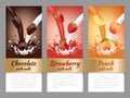 Fruits and chocolate splashes. Vector template of advertising banners or labels