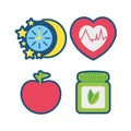 Fruits, chronometer, healthy pills and heartbeat icons
