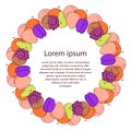 Fruits in the circle on white background. There is place for your text in the center. Vintage fruits for your design.